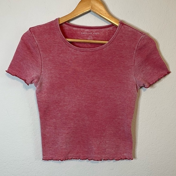 American Eagle Burnout Red Waffle Baby Tee Short Sleeve Lettuce Hem Size Small - Picture 2 of 10